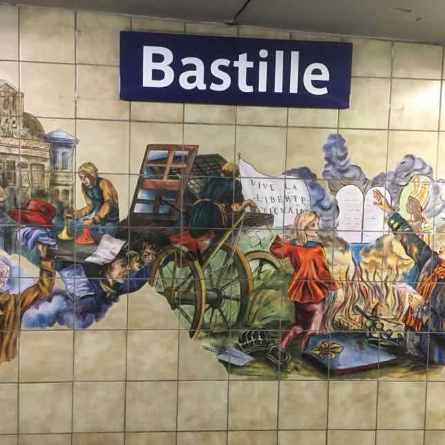 Remains of the Bastille and mural at the Bastille Metro
