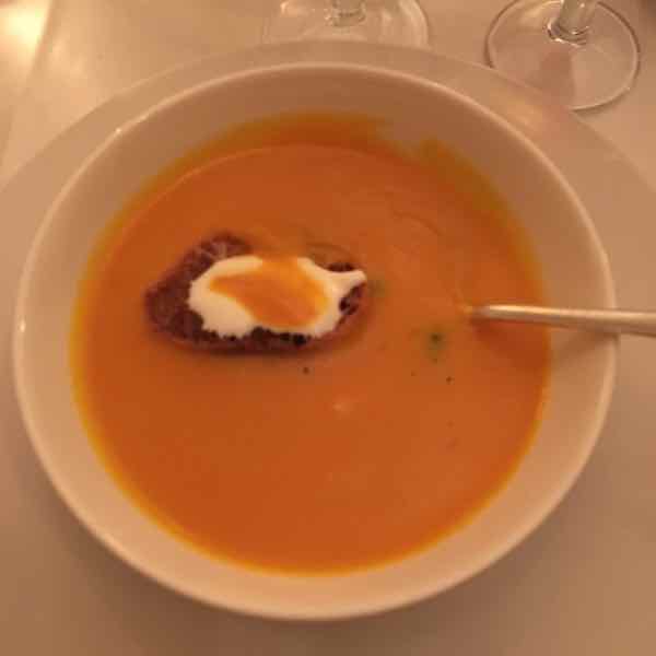 Pumpkin soup with toast and sour cream (A la Biche au Bois)