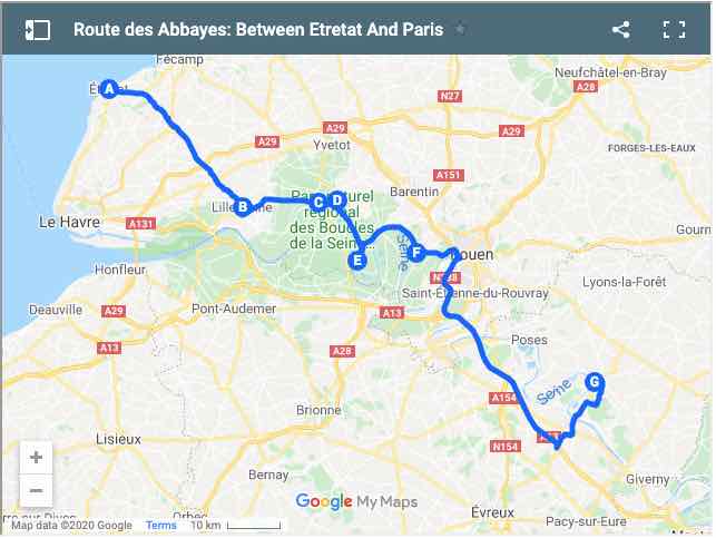 Route des Abbayes Etretat to Paris Map