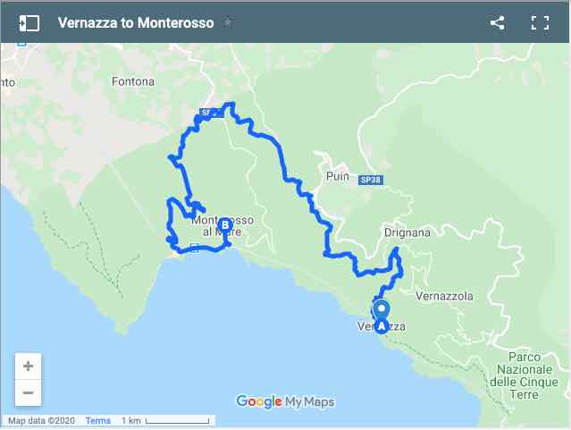 Vernazza žemėlapis į Monterosso (Cinque Terre)