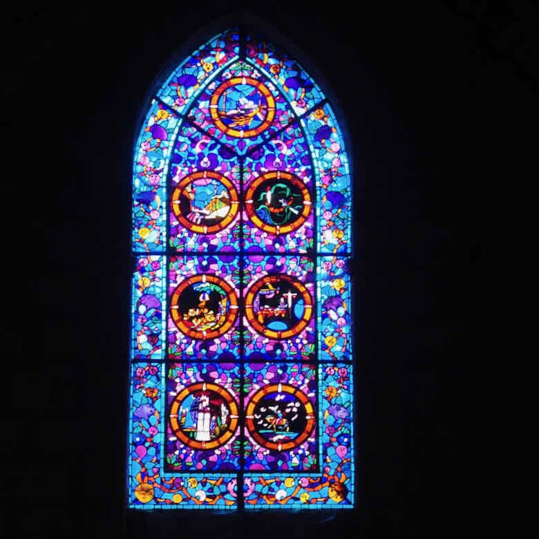 Stained glass in the church at Fontfroide