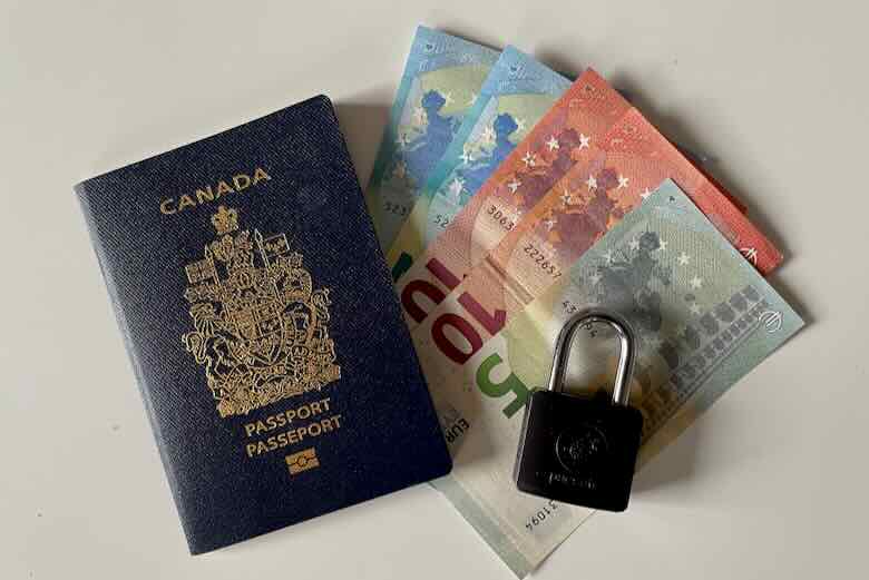 Protect your valuables and tech when travelling-Passport, Euros, lock