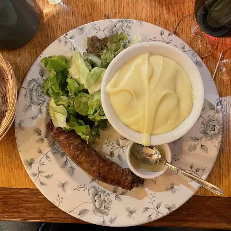 Grilled sausage and aligot at Bistrot des Vosges, Paris