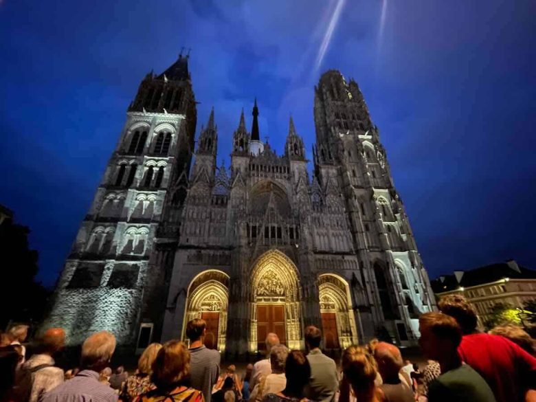 Crowd in front of Cathedral Notre-Dame de Rouen before the show started