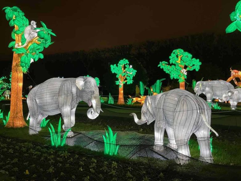 Illuminated elephants at Jardin des Plantes, Paris