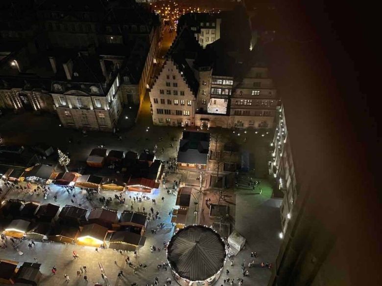 View of the Christmas market in Strasbourg from the top of Strasbourg Cathedral.
