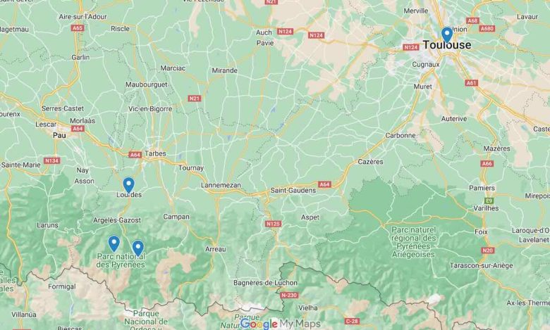 Map of Hautes-Pyrenees showing locations of Toulouse, Cauterets, and Luz-Saint-Sauveur