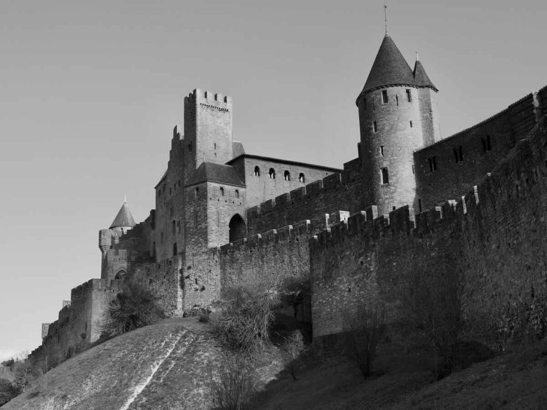black and white photo of Carcassonne in January